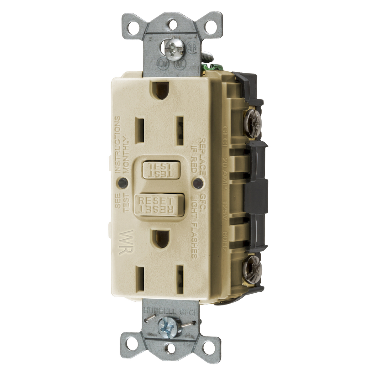 Power Protection Devices, Receptacle, Self Test, GFCI, WR, Commercial Grade, 15A 125V, 2-Pole 3-Wire Grounding, 5-15R, Ivory