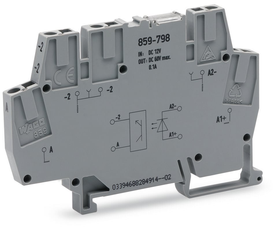 Optocoupler module; Nominal input voltage: 12 VDC; Output voltage range: 9 … 60 VDC; Limiting continuous current: 0.1 A; Railway; Red status indicator; Module width: 6 mm