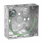 Eaton Crouse-Hinds series Square Outlet Box, (2) 1/2", (2) 1/2", (1) 3/4" E, 4", Conduit (no clamps), Welded, 1-1/2", Steel, (8) 1/2",(4) 1/2", (1) 3/4" E, Includes ground screw with pigtail lead, 22.0 cubic inch capacity