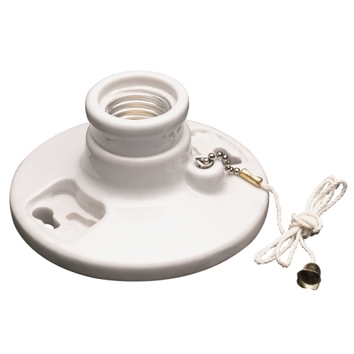 Medium base, porcelain, pullchain, 2 terminals with tri-drive scews fits 3 1/4 to 4 boxes,with cage neck. White.