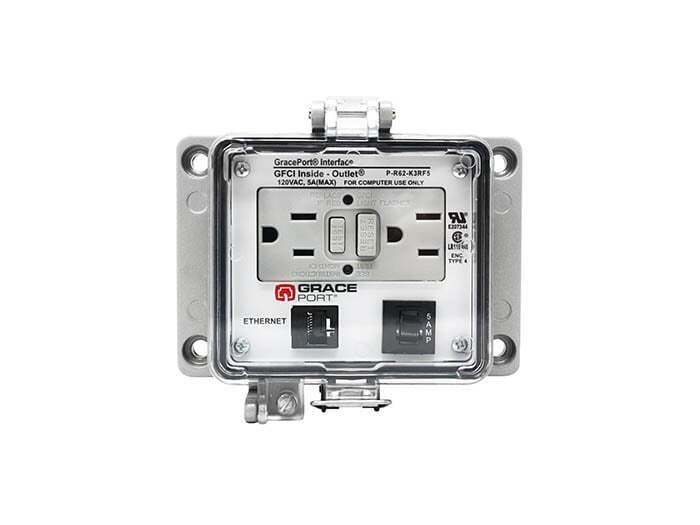 PANEL INTERFACE CONNECTOR WITH CATEGORY 6 ETHERNET BULKHEAD, PANEL MOUNT HOUSING, UL TYPE 4, GFCI DULEX INSIDE-OUTSIDE, 5 AMP CIRCUIT BREAKER