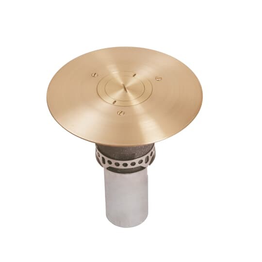 Poke-Through Furniture Feed Base Unit, 3 Inch Drill Size, 7-3/4 Inch Length, Hub Size 1-1/4 Inch and 2 Inch, Galvanized Steel, with Brushed Brass Cover with 7 Inch Diameter