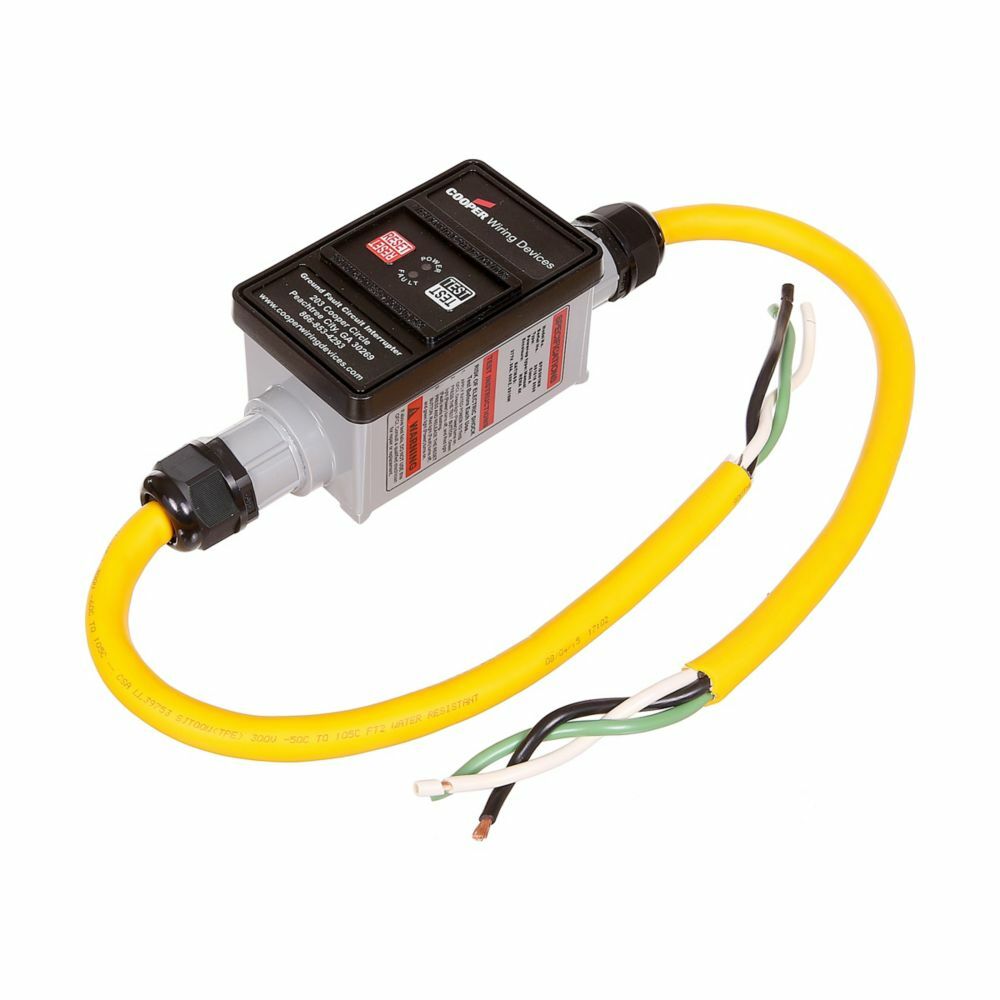 Eaton portable GFCI, Watertight, field wireable, 30A, #10 AWG, 2' (0.61m) cord length, Polycarbonate, Flying leads plug type, Manual reset, 277V, 4X 670312