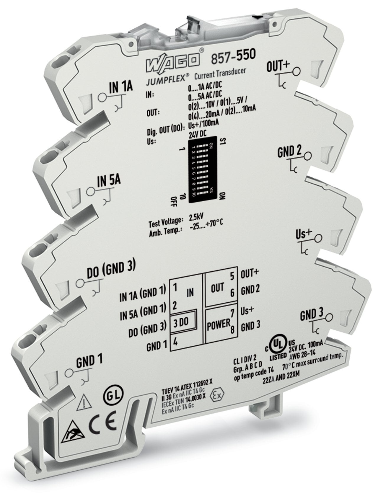 Current signal conditioner; Current input signal; Current and voltage output signal; Digital output; Configuration via software; Supply voltage: 24 VDC; 6 mm module width; 2,50 mm