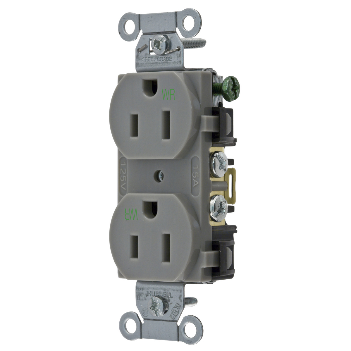 Straight Blade Devices, Receptacles, Weather-Resistant Duplex, Commercial/Industrial Grade, 2-Pole 3-Wire Grounding, 15A 125V, 5-15R, Gray, Single Pack.
