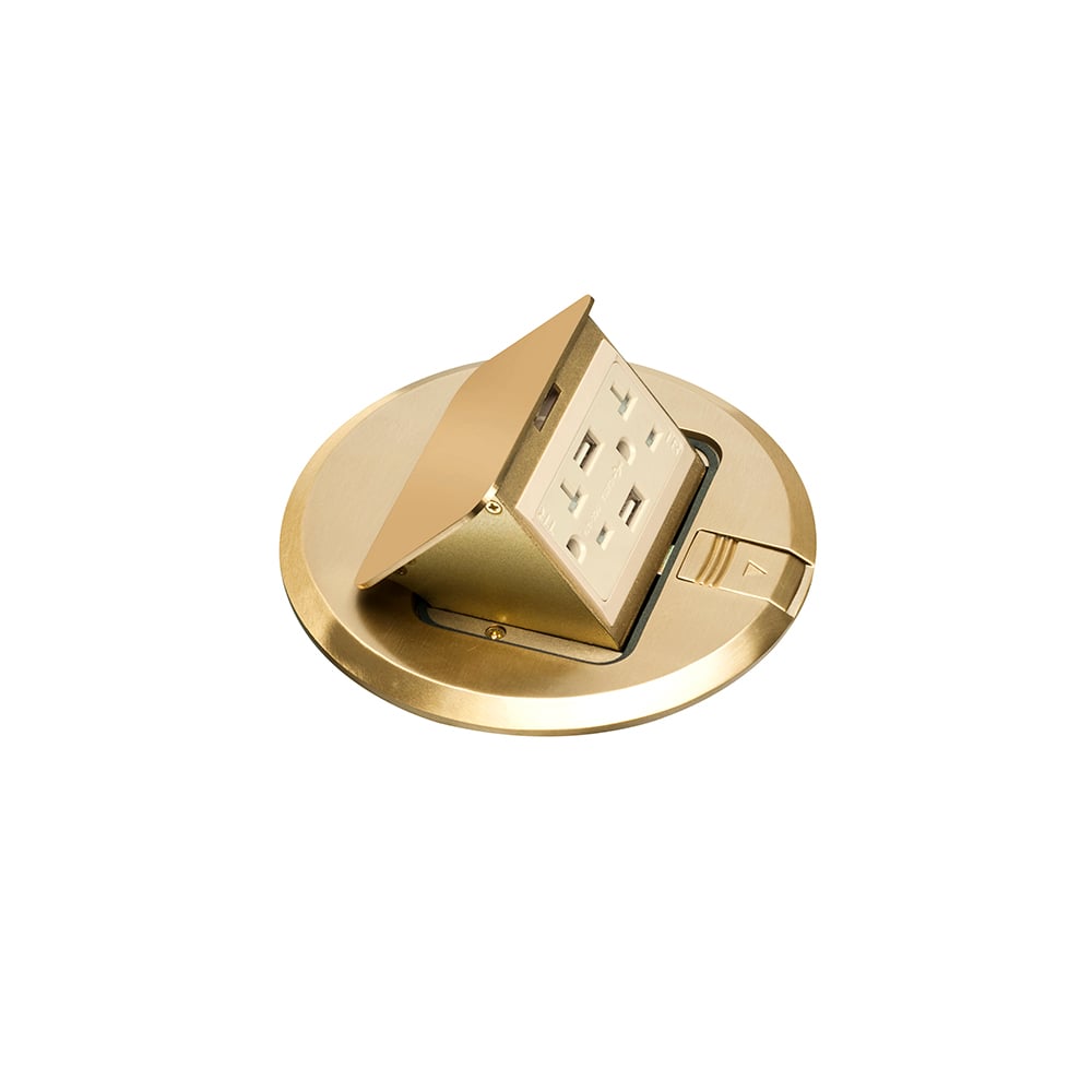 6" round popup cover, brass with tamper resistant, 20 amp receptacle and (2) USB ports.