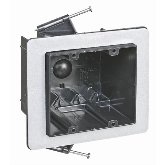 Two-Gang Vapor-Tight Box, Volume 36 Cubic Inches, Length 3-1/2 Inches, Width 4 Inches, Depth 3-1/4 Inches, Color Black, Material Polycarbonate, Mounting Means Angled Side Nails