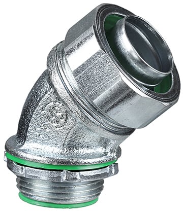 45 DEG Insulated Liquid Tight Connector, 3 in. Size, Threaded connection, Steel material, Zinc Plated Finish