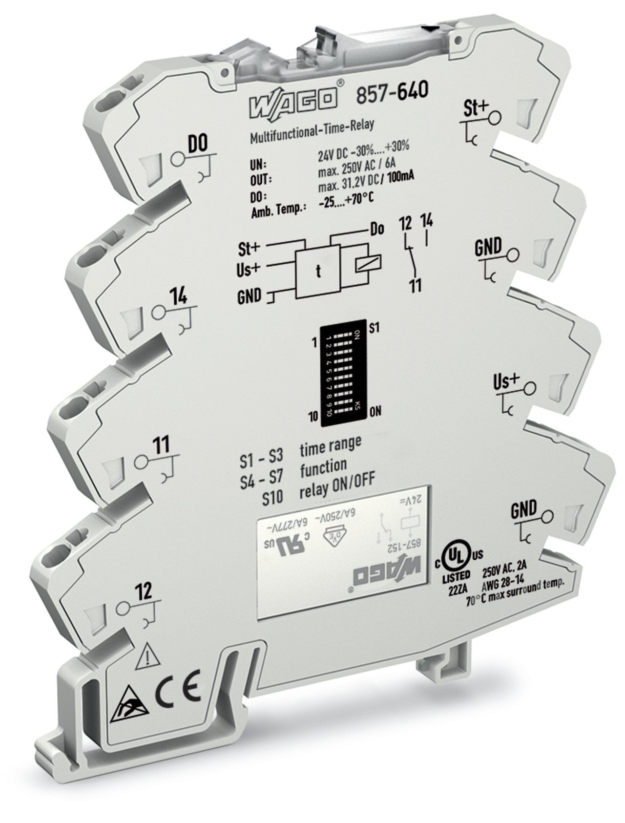 Timer relay module; Nominal input voltage: 24 VDC; Limiting continuous current: 6 A; Railway; Multifunction/Multitime; Yellow status indicator; Module width: 6 mm