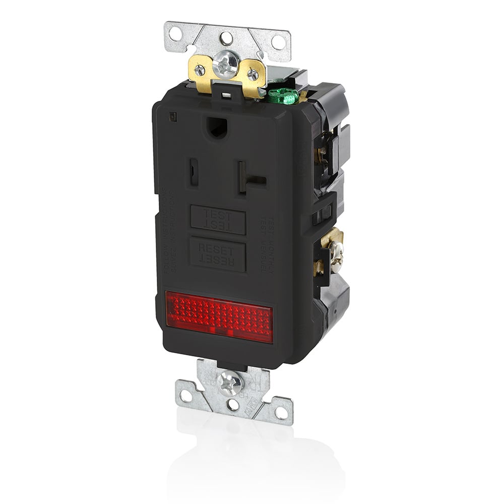 20 Amp, 125 Volt, SmartlockPro Single Self-Test GFCI Receptacle with LED Pilot Light, NEMA 5-20R, 2P, 3W, Extra-Heavy Duty Industrial Grade, Tamper-Resistant, 20A Feed-Through, Back or Side Wired - BLACK