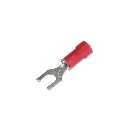 Vinyl-Insulated Locking Fork Terminal, Length .97 Inches, Width .29 Inches, Maximum Insulation .150, Bolt Hole #8, Wire Range #22-#18 AWG, Color Red, Copper, Tin Plated, 1,000 Pack