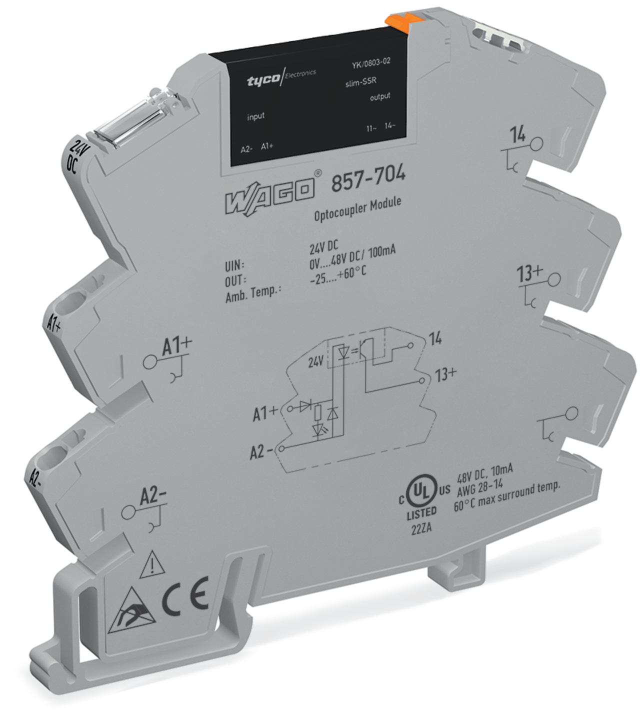 Solid-state relay module; Nominal input voltage: 24 VDC; Output voltage range: 0  48 VDC; Limiting continuous current: 0.1 A; Yellow status indicator; Module width: 6 mm; gray