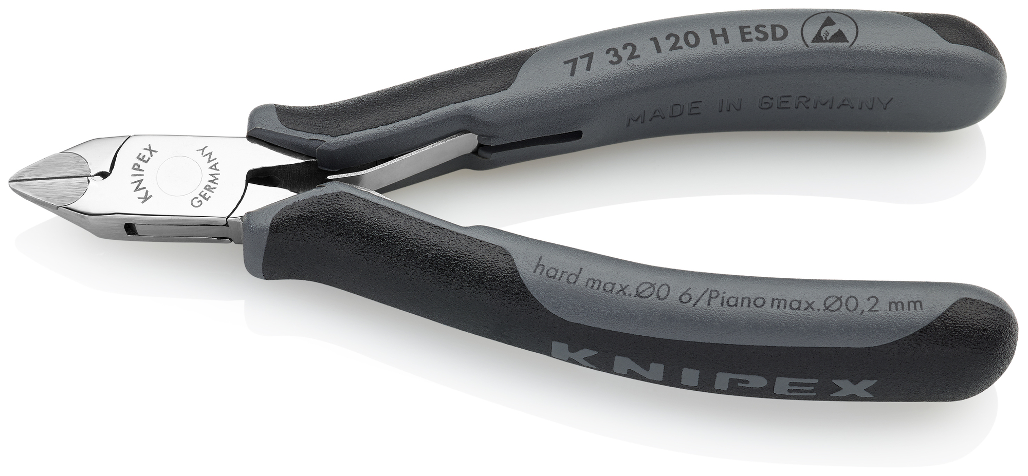 Electronics Diagonal Cutters-Carbide Metal Cutting Edges-ESD Handles, 4 3/4 in., Multi-component, Polished, Semi-flush with Small Bevel Cut, Tapered Head, Up to 1/64 in. Piano Wire