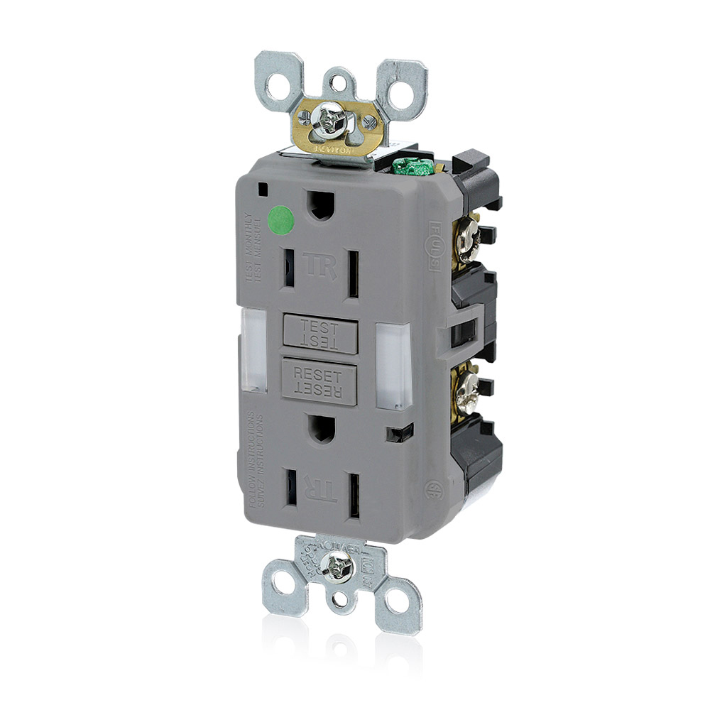 15 Amp, 125 Volt SmartlockPro Slim Guidelight Self-Test GFCI Receptacle, Hospital Grade, 20 Amp Feed-Through, Tamper-Resistant, Back & Side Wired, Wallplate Sold Separately - GRAY