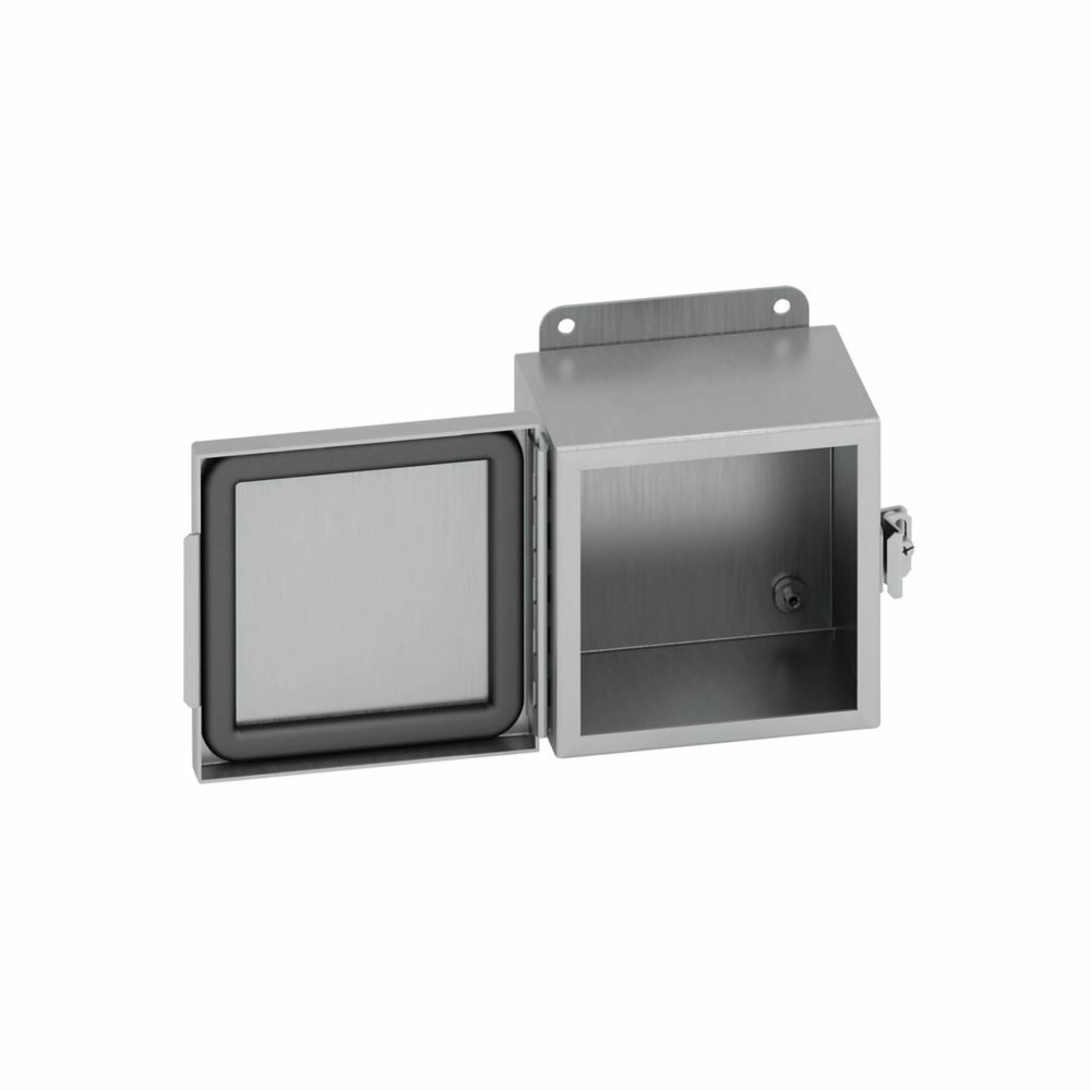 Eaton B-Line series JIC panel enclosure, 6" height, 4" length, 6" width, NEMA 4X, Hinged cover, 4XSS6CHC enclosure, Wall mount, Small single door, External mounting feet, 316 stainless steel, Seamless poured in-place gasket