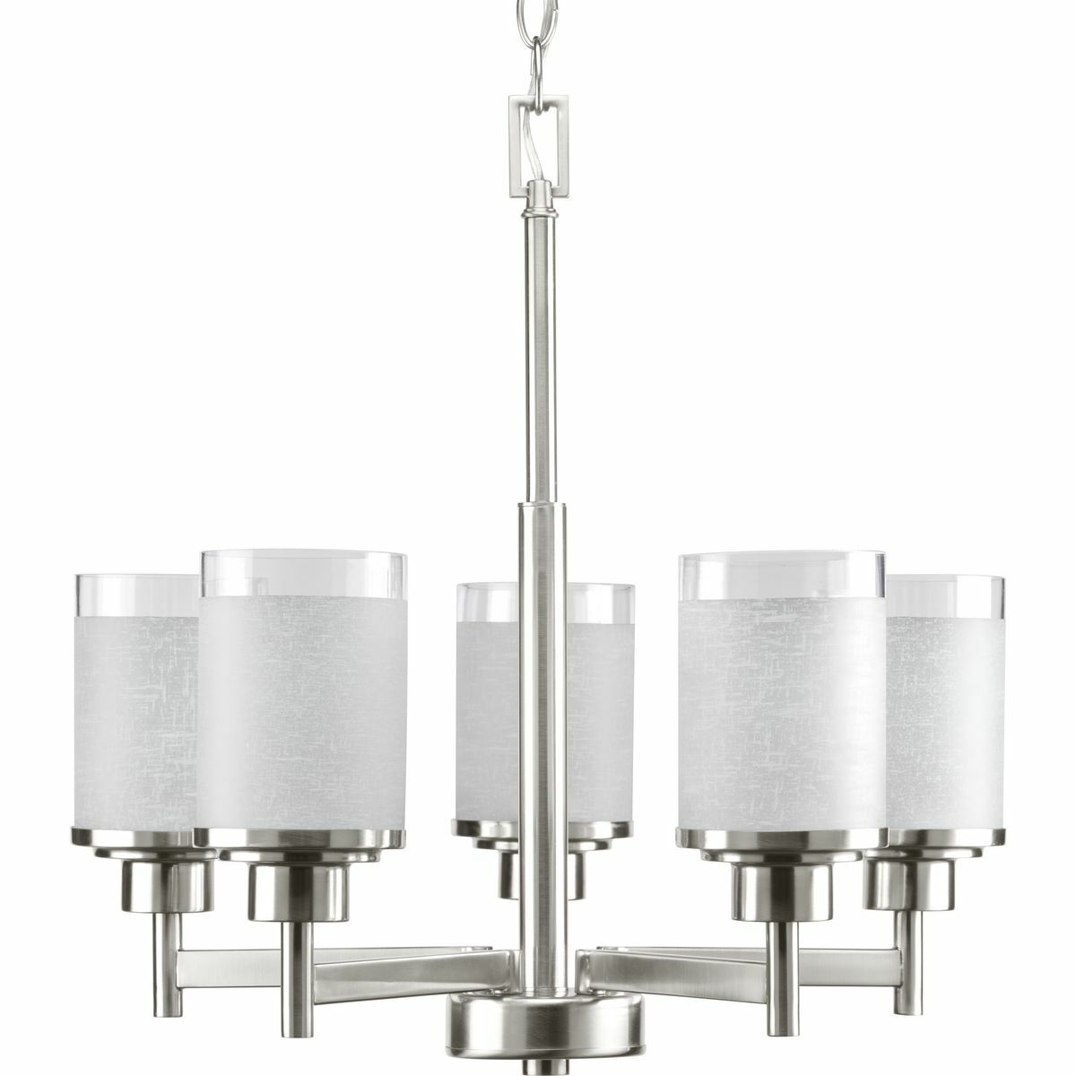 Five-light linear chandelier features a pleasingly simple Brushed Nickel frame while visually interesting textured white linen glass are complemented by a crisp clear edge accent. Six feet of 9 gauge chain is supplied for ceiling chain mount. Create the sophisticated feel of modern, urban living in your home - no matter where you live.