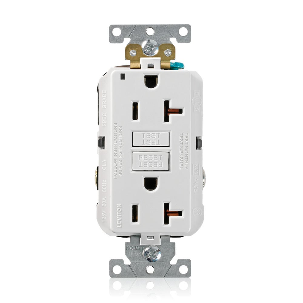 SmartlockPro Self-Test GFCI Duplex Receptacle Outlet, Extra Heavy-Duty Industrial Specification Grade, 20 Amp 125 Volt, Back or Side Wire, NEMA 5-20R, 2-Pole, 3-Wire, Self-Grounding - White