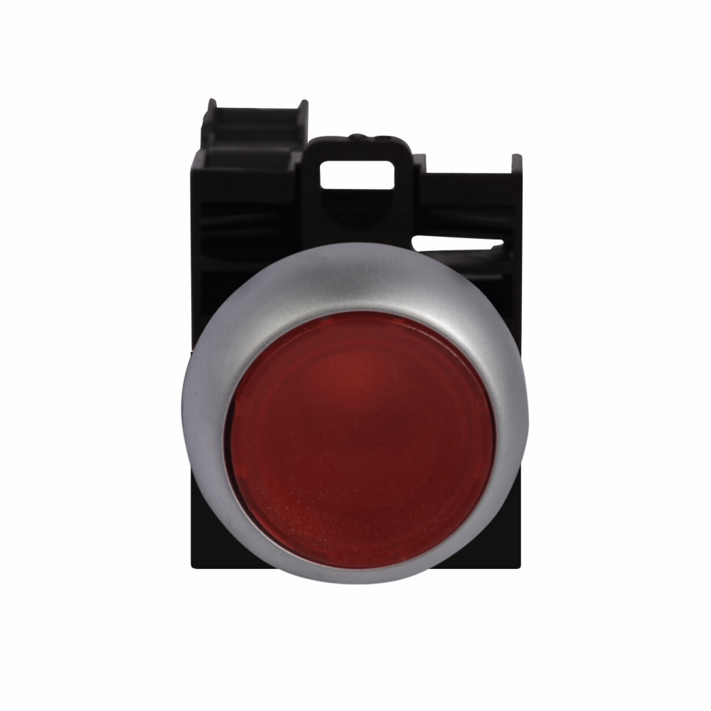 Eaton M22 modular pushbutton, Complete Device, 22.5 mm, Flush, Momentary, Illuminated, Bezel: Silver, Button: Red, 1NO-1NC, IP67, IP69K, NEMA 4X, 13, 12-30 Vac/dc