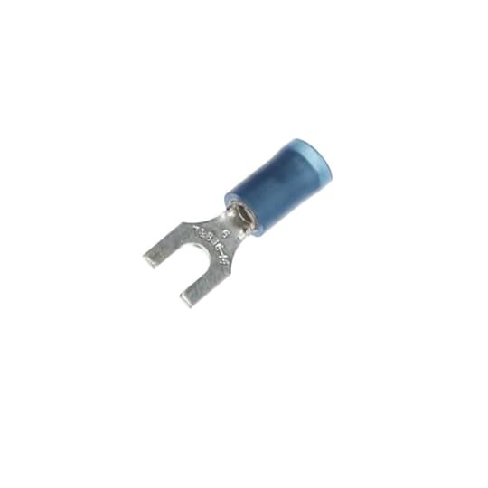 Nylon Insulated Fork Terminal, Length .87 Inches, Width .31 Inches, Maximum Insulation .162, Bolt Hole #6, Wire Range #18-#14 AWG, Color Blue, Copper, Tin Plated, 100 Pack