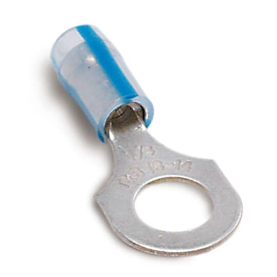 Fluoropolymer Insulated Ring Terminal For Wire Range 16-14 Stud Size #8, Clear/Blue Stripe
