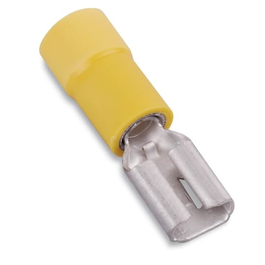 Vinyl-Insulated Female Disconnect, Length 1.03 Inches, Width .29 Inches, Maximum Insulation .250, Tab Size .250x.032, Wire Range #12-#10 AWG, Color Yellow, Copper, Tin Plated