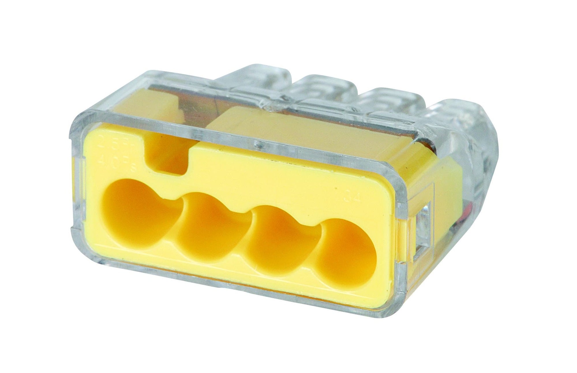 IDEAL, Wire Connector, In-Sure, Push-In, Size: 0.780 IN Length X 0.820 IN Width X 0.380 IN Height, Wire Size: #12 AWG - #20 AWG Solid, #12 AWG - #16 AWG (19 Strand Or Less) #18 AWG (7 Strand) Stranded, #14 AWG - #18 AWG (19 Strand Or Less) Stranded (Tin Bonded), Connection: 4 Ports, Color: Yellow, Voltage Rating: 600 V Maximum Building Wire, 1000 V Maximum Signs And Lighting Fixtures, Temperature Rating: 105 DEG C Shell Rated, Wire Type: Solid, Stranded, Stranded (Tin Bonded), Model: 34