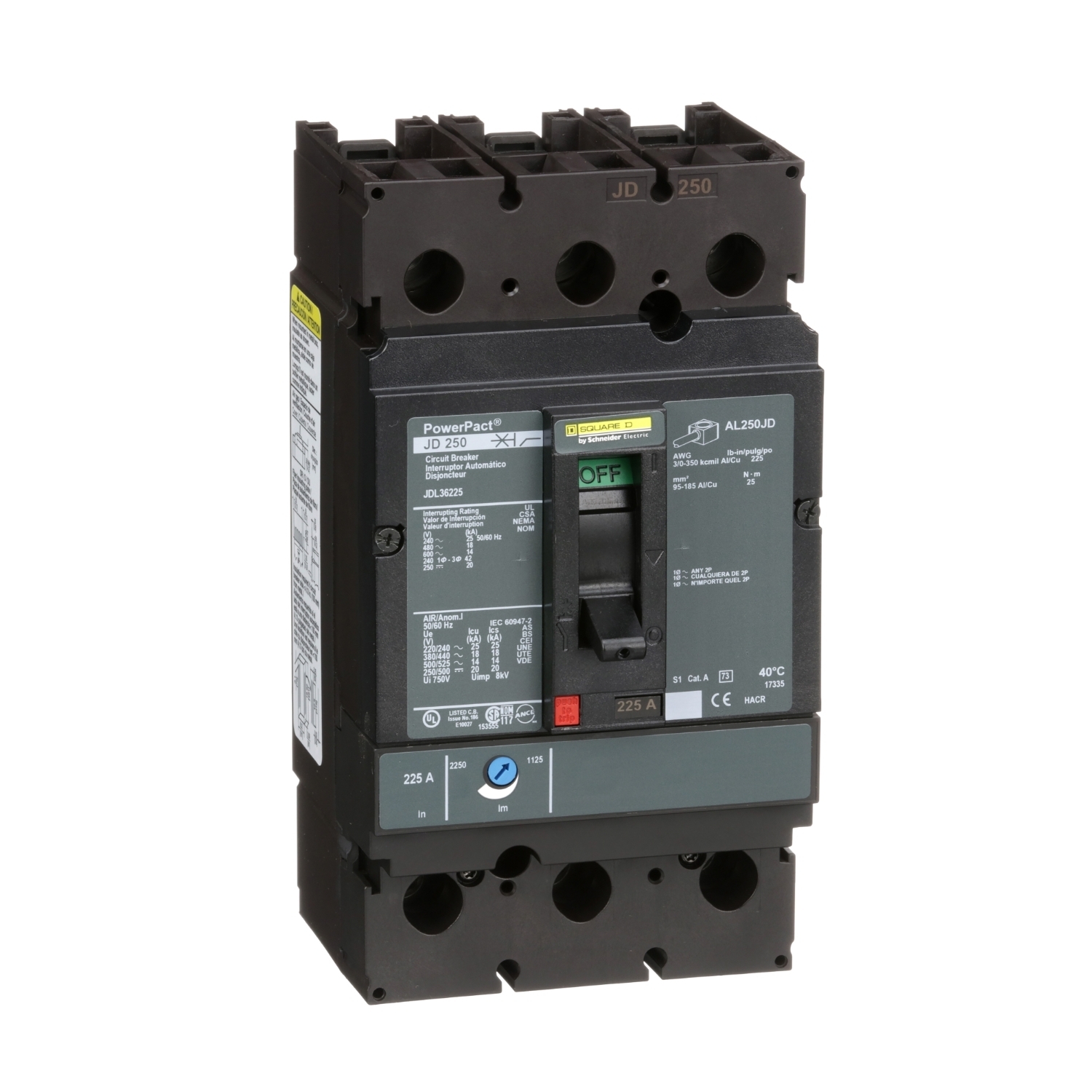 Circuit breaker, PowerPacT J, 225A, 3 pole, 600VAC, 14kA, lugs, thermal magnetic, 80%