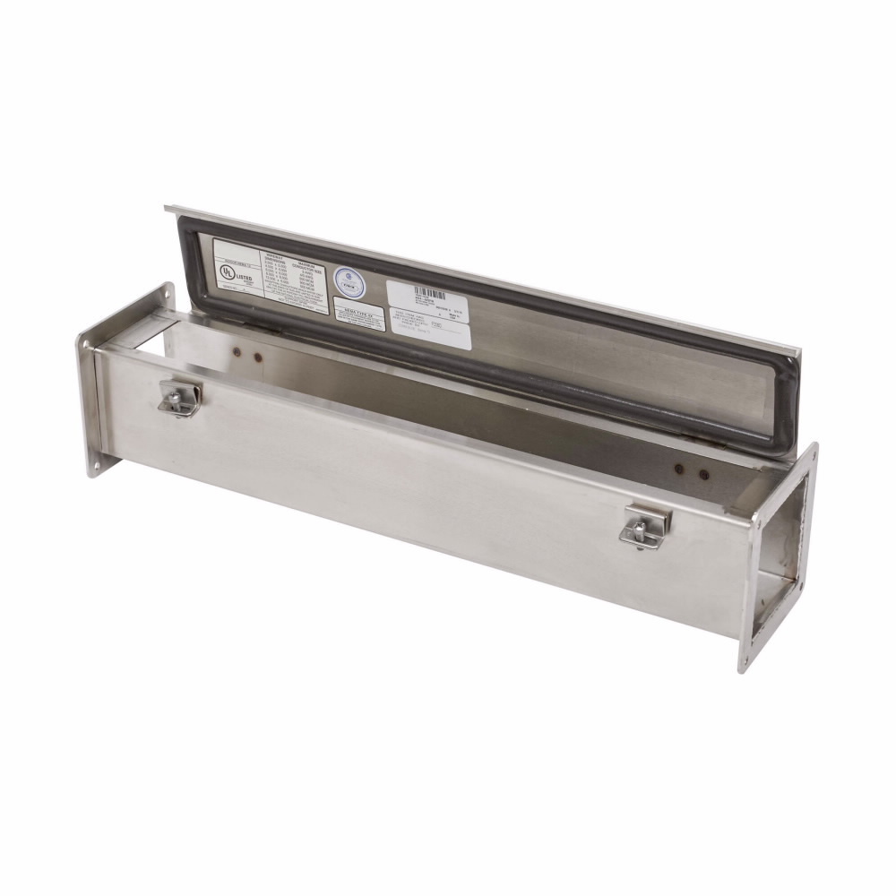 Eaton B-Line series wireway, 6" height, 60" length, 6" width, 4XSFW wireway, Wireway hanger, Hinged cover, NEMA 4X, 304 stainless steel, Seamless poured in-place, Hinged, #4 brushed finish, 16 gauge