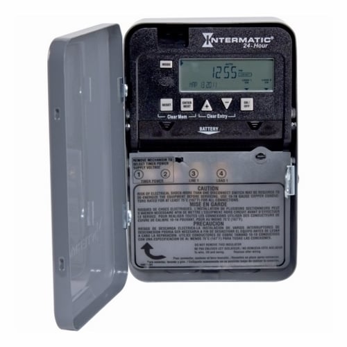 The 24HR 30A SPST 120-277V NEMA1 24-Hour Electronic Time Switches enable a program to be repeated on a daily basis. These time switches provide dependable and uncomplicated performance, plus to-the-minute programming for accurate load control and reduced energy costs. Up to 28 setpoints or events can be preset to automatically repeat. The program can be disabled at any time by placing the time switch in the Manual operating mode. Control buttons provide manual control of each circuit independently, regardless of the operating mode. All models come with two industrial-grade AAA alkaline batteries to provide time keeping and automatic carryover for a minimum of 3 years. The batteries are easily replaced in the field and do not require removing the time switch mechanism or field wiring. Each time switch is housed in a lockable enclosure to protect against vandalism and unauthorized tampering.