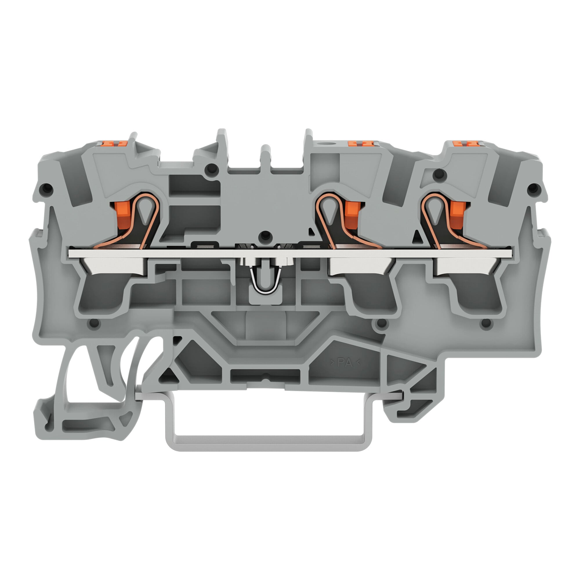 3-conductor through terminal block; with push-button; 4 mm; with test port; side and center marking; for DIN-rail 35 x 15 and 35 x 7.5; Push-in CAGE CLAMP; 4,00 mm; gray