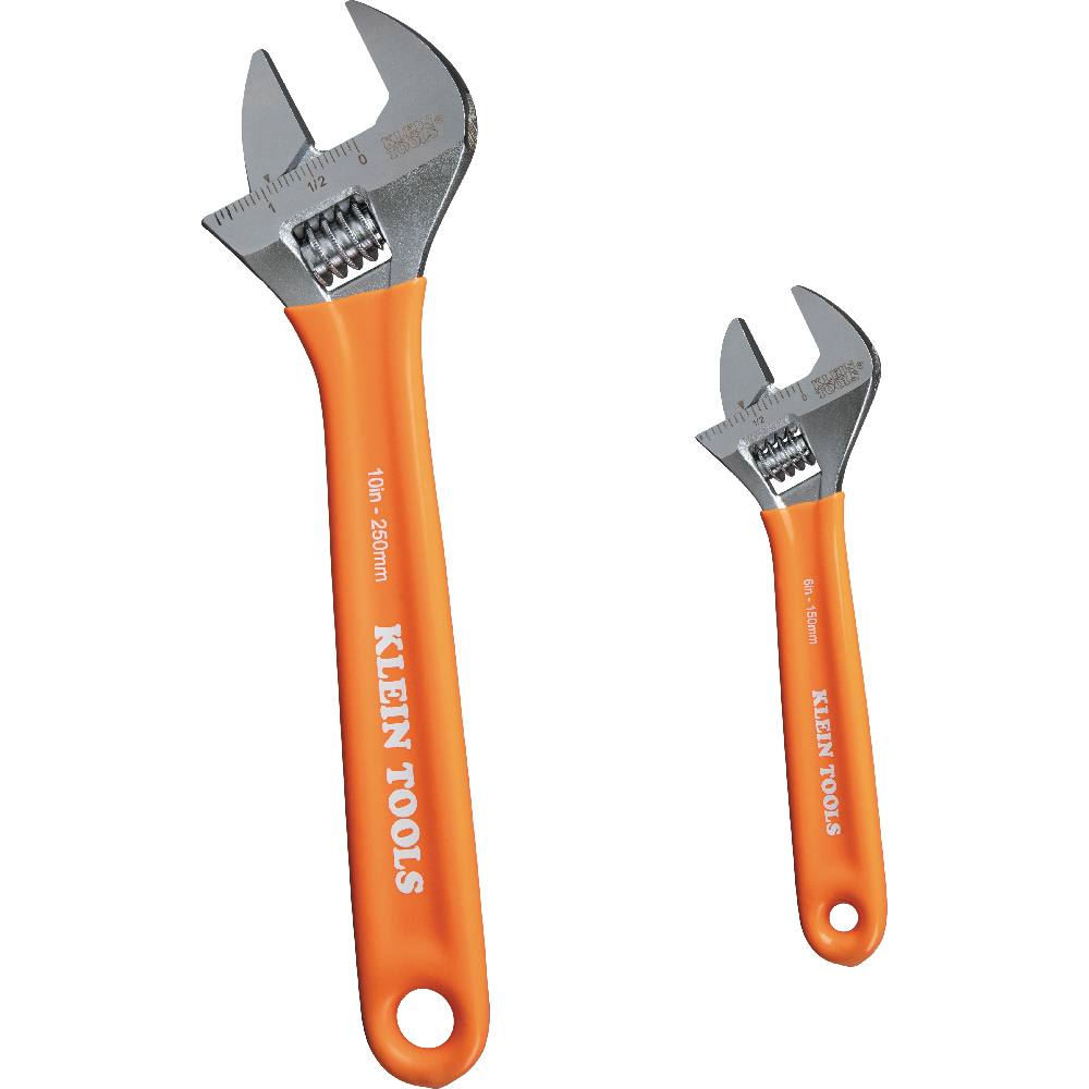 Klein Tools' 2-Piece Wrench Set includes a 6-Inch (Cat. No. O5076) and 10-Inch (Cat. No. O50710) Extra Capacity Adjustable Wrench. Made of forged, heat-treated alloy steel for maximum strength and light weight. Jaws are precision-machined to ensure smooth operation. Contoured, plastic-dipped handles make them easy to grip and comfortable to use.
