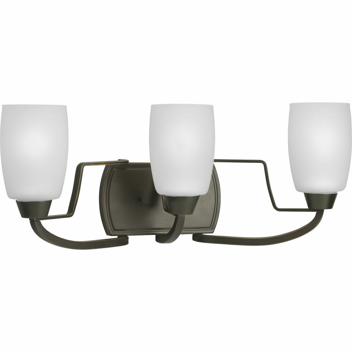 Sweeping, arching, elegant arms frame soft, tapered etched glass in the Wisten Collection. Flat steel arms are highlighted by the Antique bronze finish on this three-light bath bracket conveying its unique form and structure. Create a designer coordinated look with the extensive collection of Wisten fixtures.