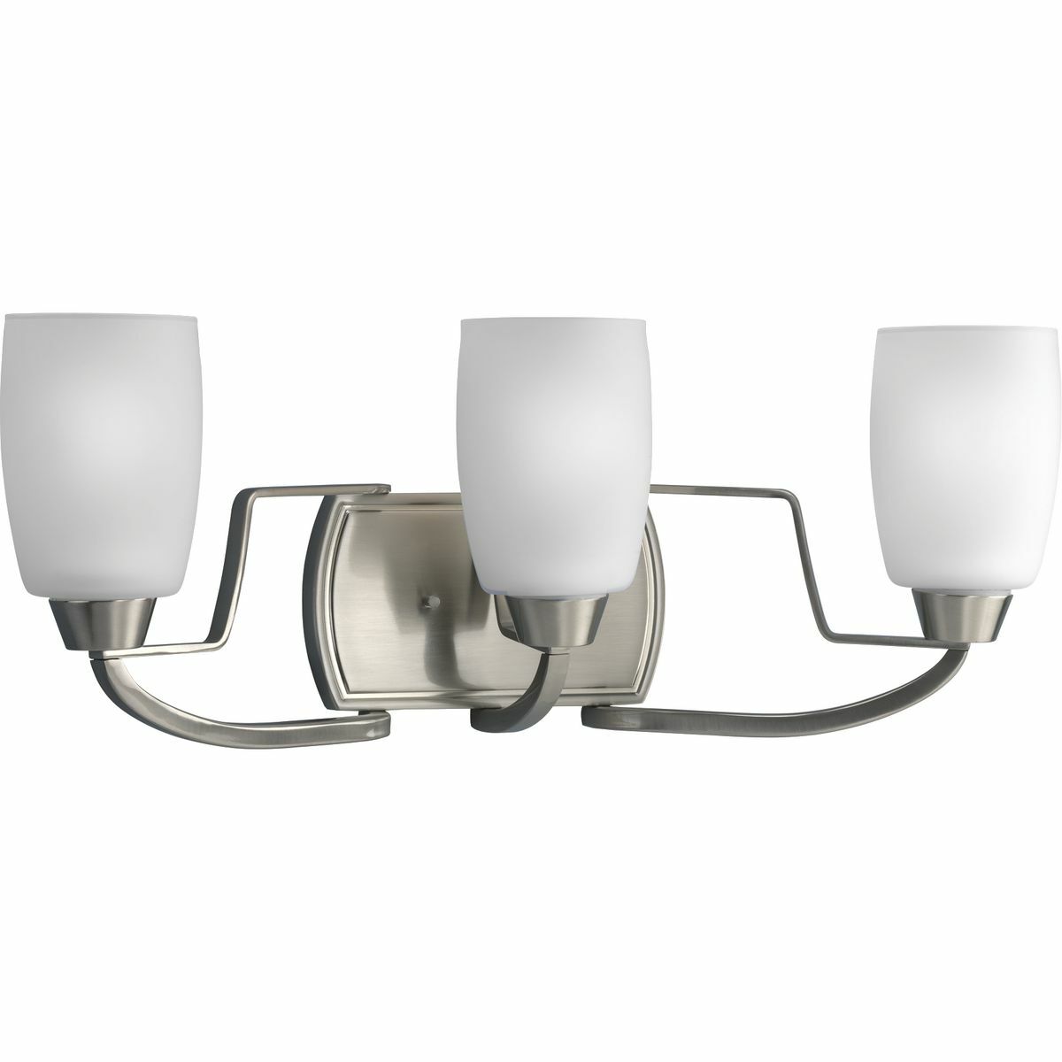 Sweeping, arching, elegant arms frame soft, tapered etched glass in the Wisten Collection. Flat steel arms are highlighted by the Brushed Nickel finish on this three-light bath bracket conveying its unique form and structure. Create a designer coordinated look with the extensive collection of Wisten fixtures.