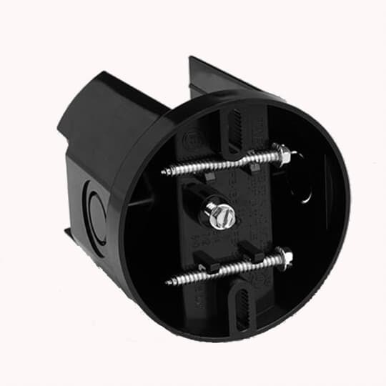 Saddle-Type Ceiling Fan Box, Volume 16 Cubic Inches, Diameter 4 Inches, Depth 2-1/4 Inches, Color Black, Material Polycarbonate, Mounting Means V-Clamps