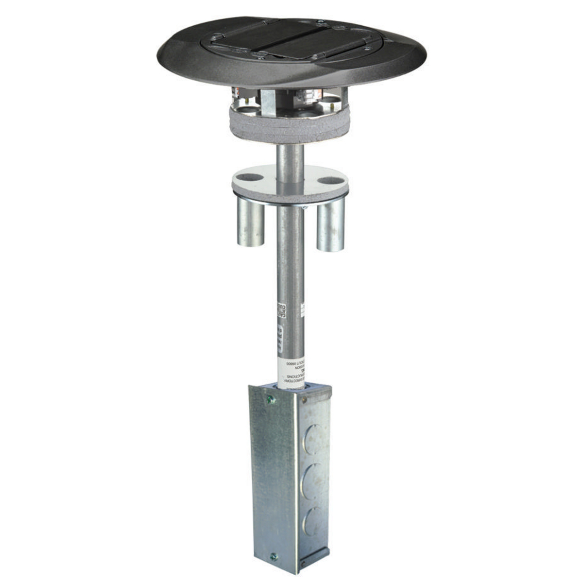 In-Floor Delivery Systems, SystemOne, Fire-Rated Poke-Through, 1 Piece Unit, (4) 20A, 125V Receptacles, (4) Hubbell Keystone Openings, Junction Box, Cover with Black Finish