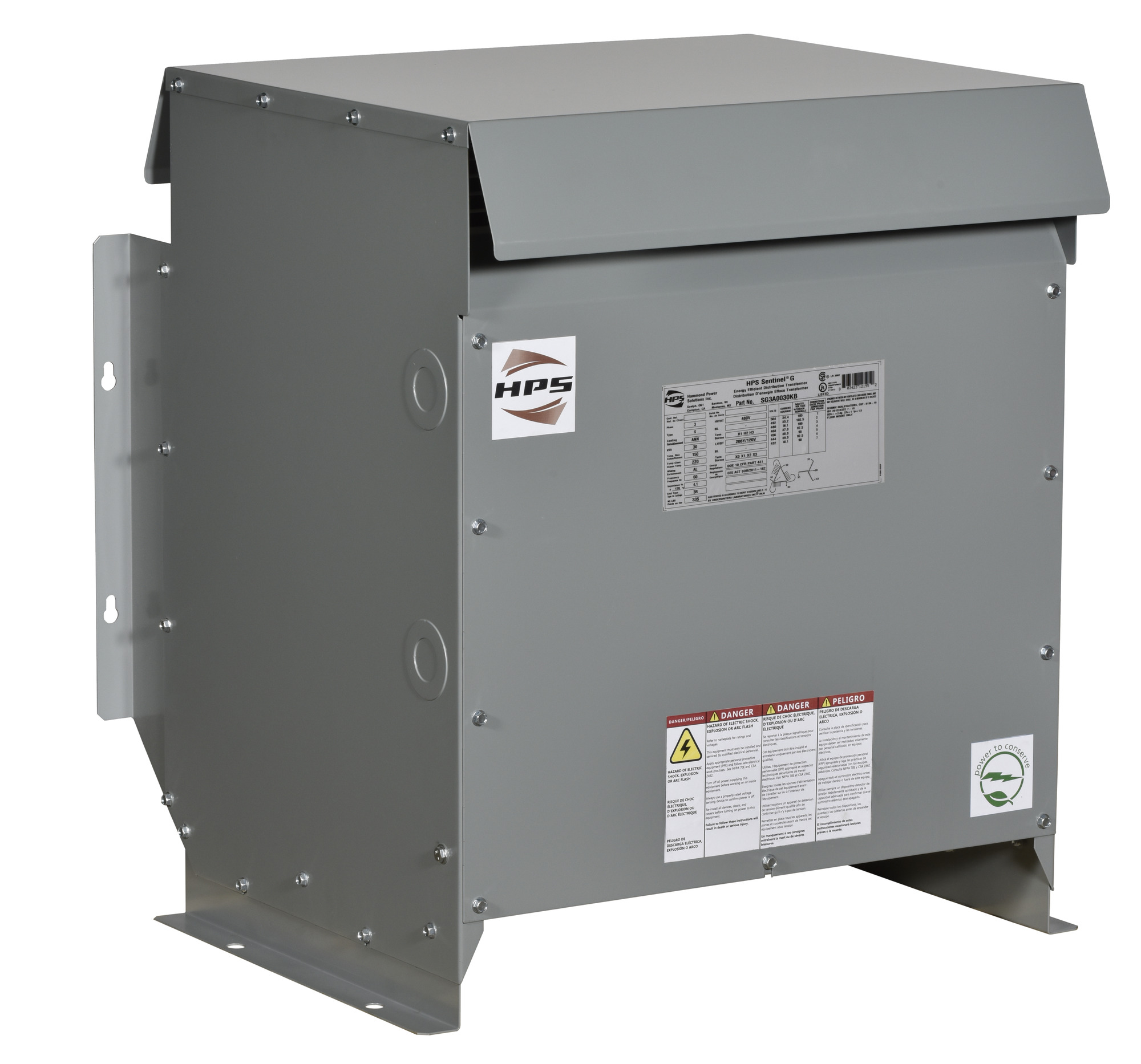 600V Class Three Phase DOE2016 and NRCan 2019 Compliant Energy Efficient Distribution Transformer, 480D PV, 208Y/120 SV, 45 kVA, 3PH, Copper Wound