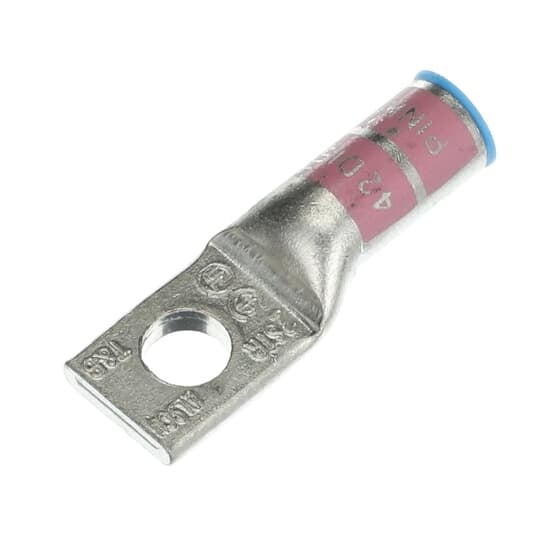 Aluminum One-Hole Lug, Long Barrel, Blind End, Max 35kV, #2 AWG Wire, 3/8 Inch Bolt Size, Tin Plated, Die Code 42H, Die Color Code Pink