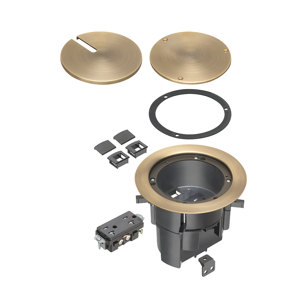 TWO low voltage openings with built-in divider, an ultra-thin stamped steel flange, and flush-to-the-floor in-use and blank covers. In a black powder-coated finish. Has an antique bronze plated finish.
