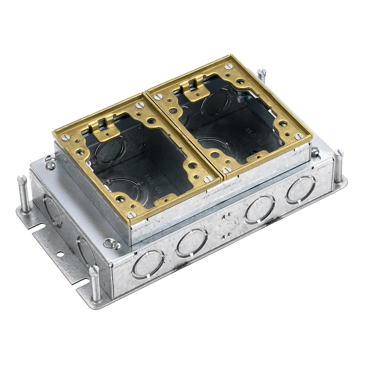 Flush Concrete Floor Box Series, 2-Gang, Rectangular, Galvanized Stamped Steel Box, Shallow, Fully Adjustable, Brass Top
