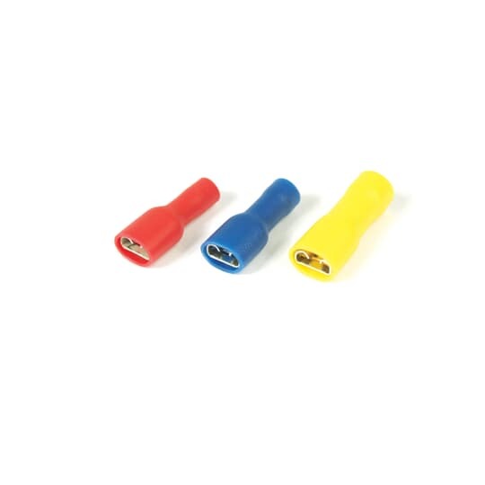 Fully Vinyl Insulated 2 Crimp Female Disconnect - Wire Range 16-14 AWG, Strip Length .27 Inches, Tab Size .250 Inches, Install with CM2000 (Die A), Color Yellow