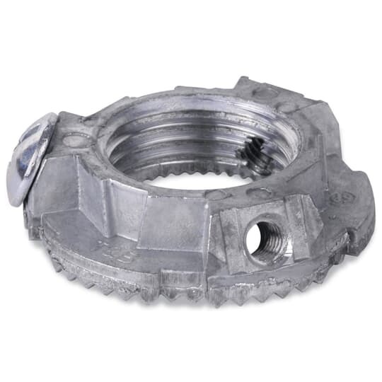3-1/2 inch copper free aluminum die cast grounding locknut with tin plated aluminum lay-in-lug and electro zinc plated steel screw.