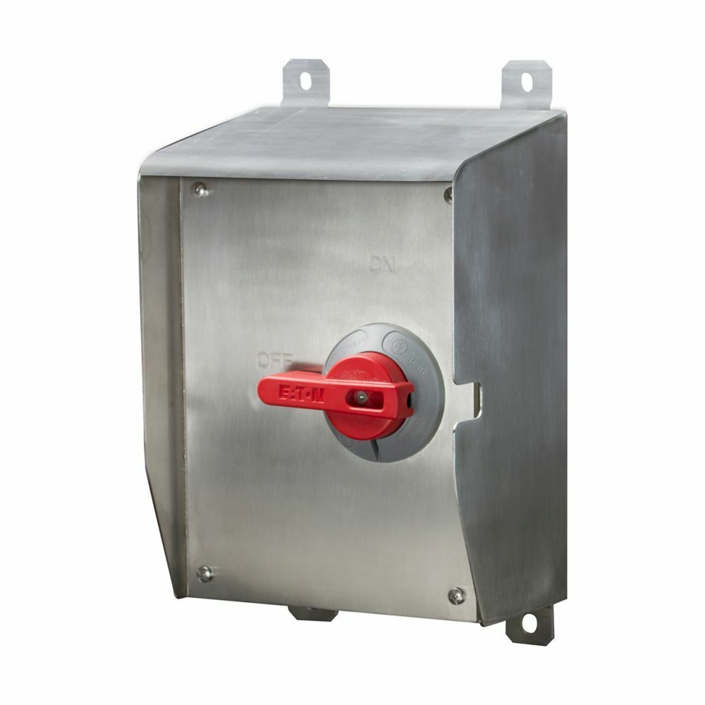 Eaton motor control disconnect X-switch, #14-4 AWG, 100A,Industrial, Mounting feet/DIN rail, flush or 1/4" spacing, 600V, Gray, NEMA 4X, 12, Enclosure: 316L SS, Washdown, Three-phase, Rotary, NSF certified for use in food processing areas