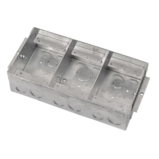 Three Gang Floor Box, 90 Cubic Inches, Length 10-1/4 Inches, Width 5-5/16 Inches, Depth 2-13/16 Inches, 1/2 Inch, 3/4 Inch, and 1 Inch Knockouts, Galvanized Steel, For Wood Subfloors