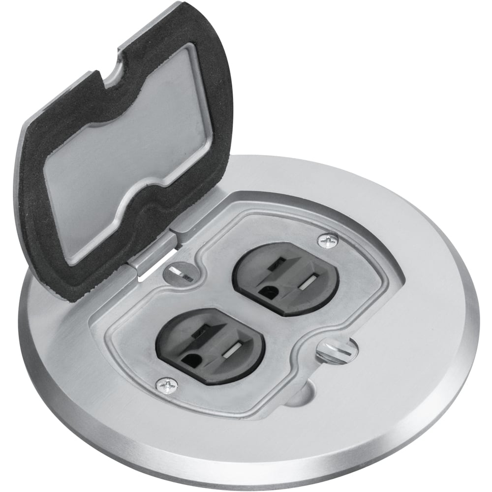 Round Cover Metallic adjustable floor box. Nickel with flip lids. Includes tamper resistant duplex receptacle, cover plate with gasket and Arlington NM94 connector and Arlington NM900 knockout plug.