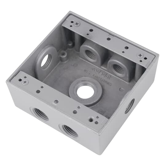Two Gang Universal Weatherproof Box, 31 Cubic Inches, Hub Size 3/4 Inch, Silver, Aluminum, 7 Outlets (2-Sides) with 2 on Top and Bottom and 1 on Both Sides, and Back, Pack of 10