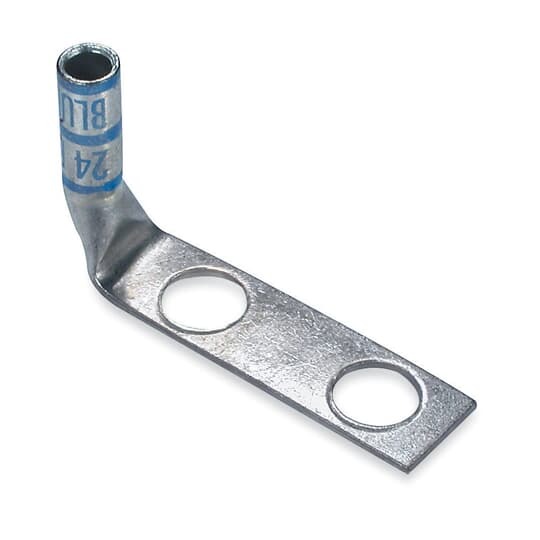 Copper Two-Hole Lug, 90 Degree Standard Barrel, Peep Hole, Max 35kV, Wire Size #6 AWG, #10 Bole Size, 5/8 Inch Hole Spacing, Die Color Code Blue, Die Code 24