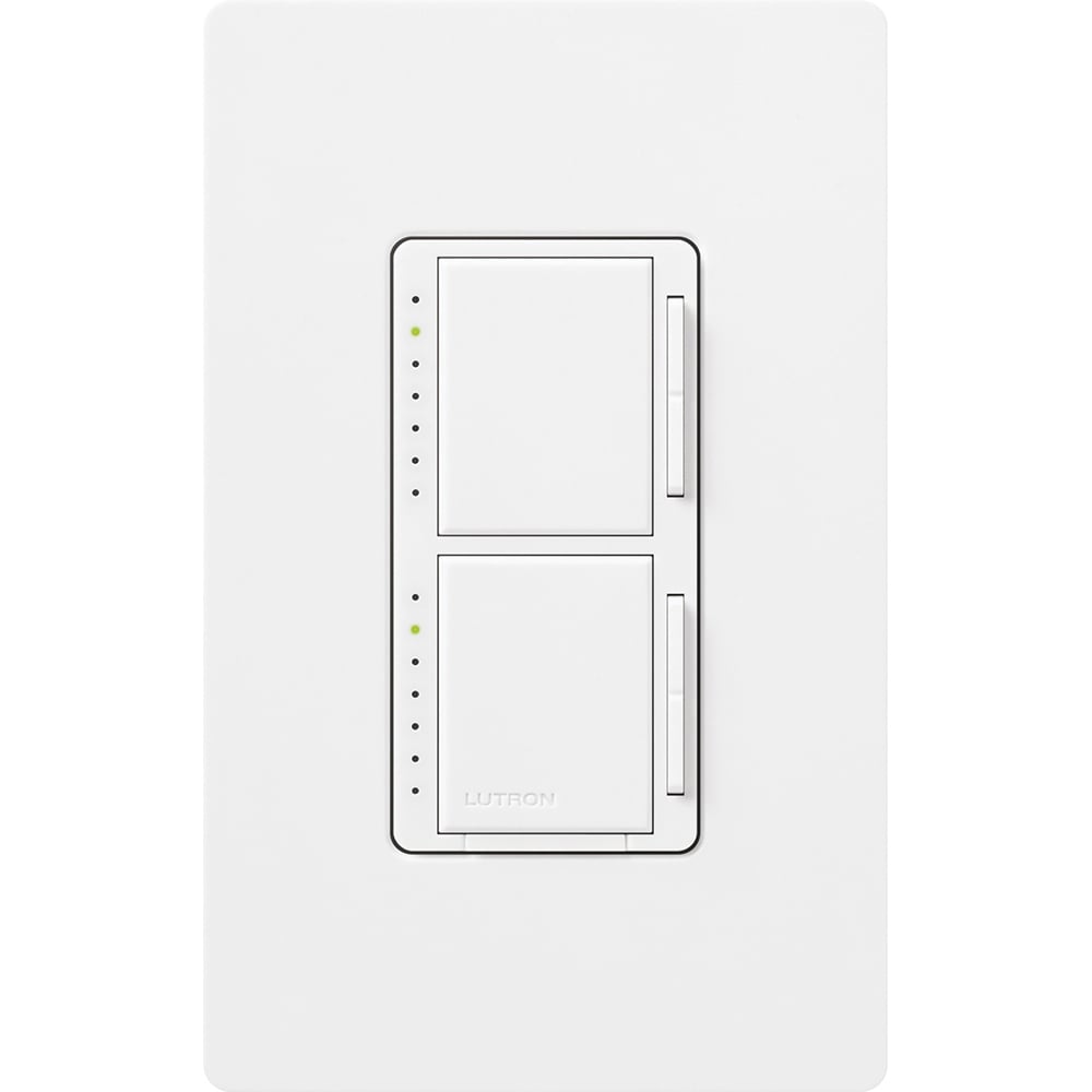 Maestro Dual Incandescent/Halogen Dimmer, Single-pole, clamshell packaging, wallplate included, White finish, 120V/300W each dimmer