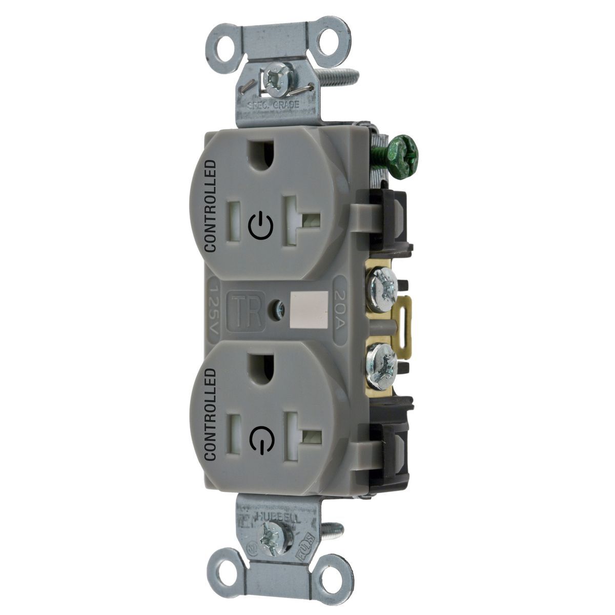 Straight Blade Devices, Receptacles, Duplex, Load Controlled, 20A 125V, 2-Pole 3-Wire Grounding, 5-20R, Back and Side Wired, Gray