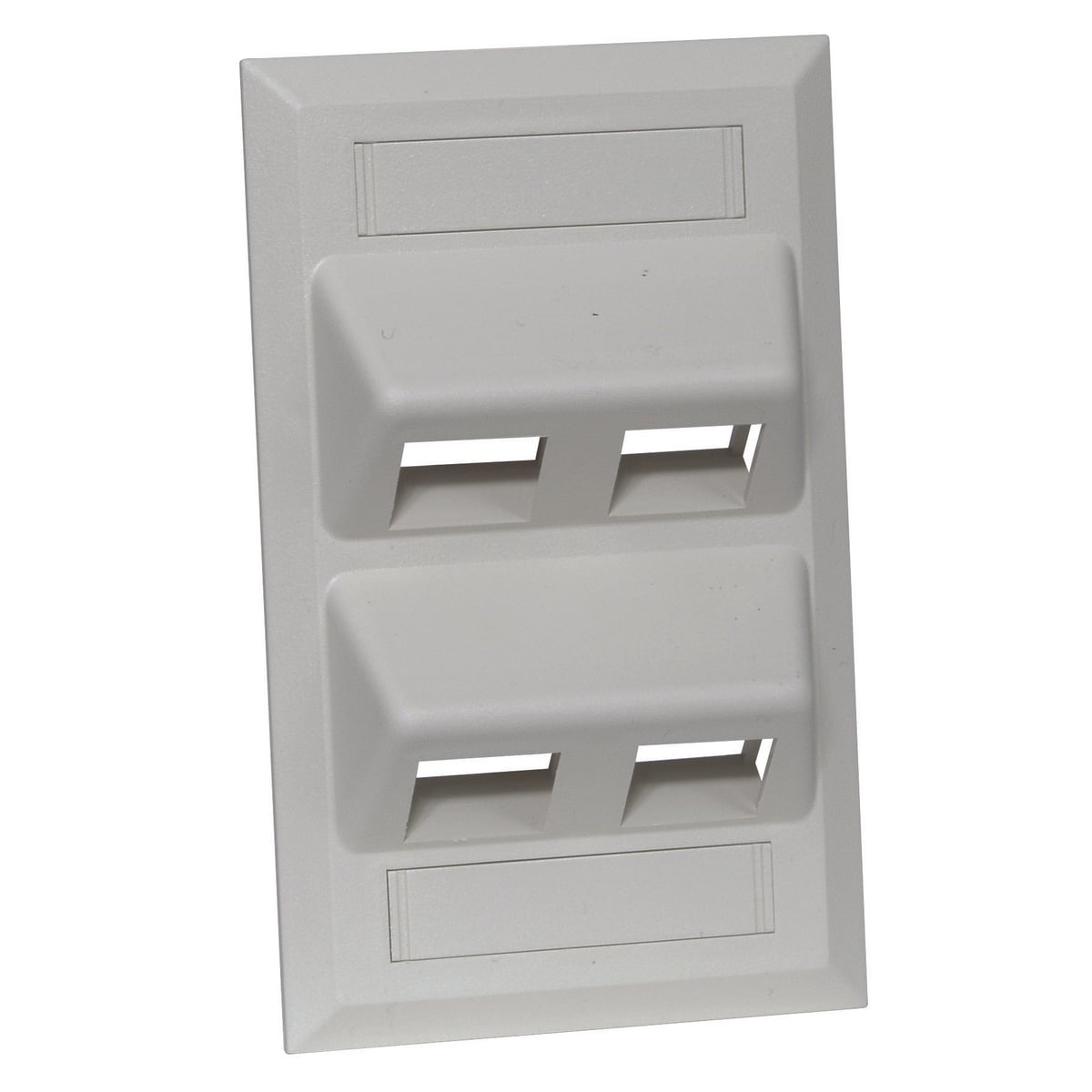 Hubbell Premise Wiring's angled wall plates offer 45 jack and Audio/Video connector mounting along with TIA/EIA-606A station labeling ability and the traditional features of HPW's standard flush wall plates.The design of the AFP plate positions the patch cord down at an angle of 45, which provides additional protection against exceeding the minimum bend radius. The 45 angle also protects the patch cord/jack connection from being damaged from office furniture. AFP plates include 2 smooth locations for adhesive labels or can be fitted with optional snap in clear label covers and paper inserts.