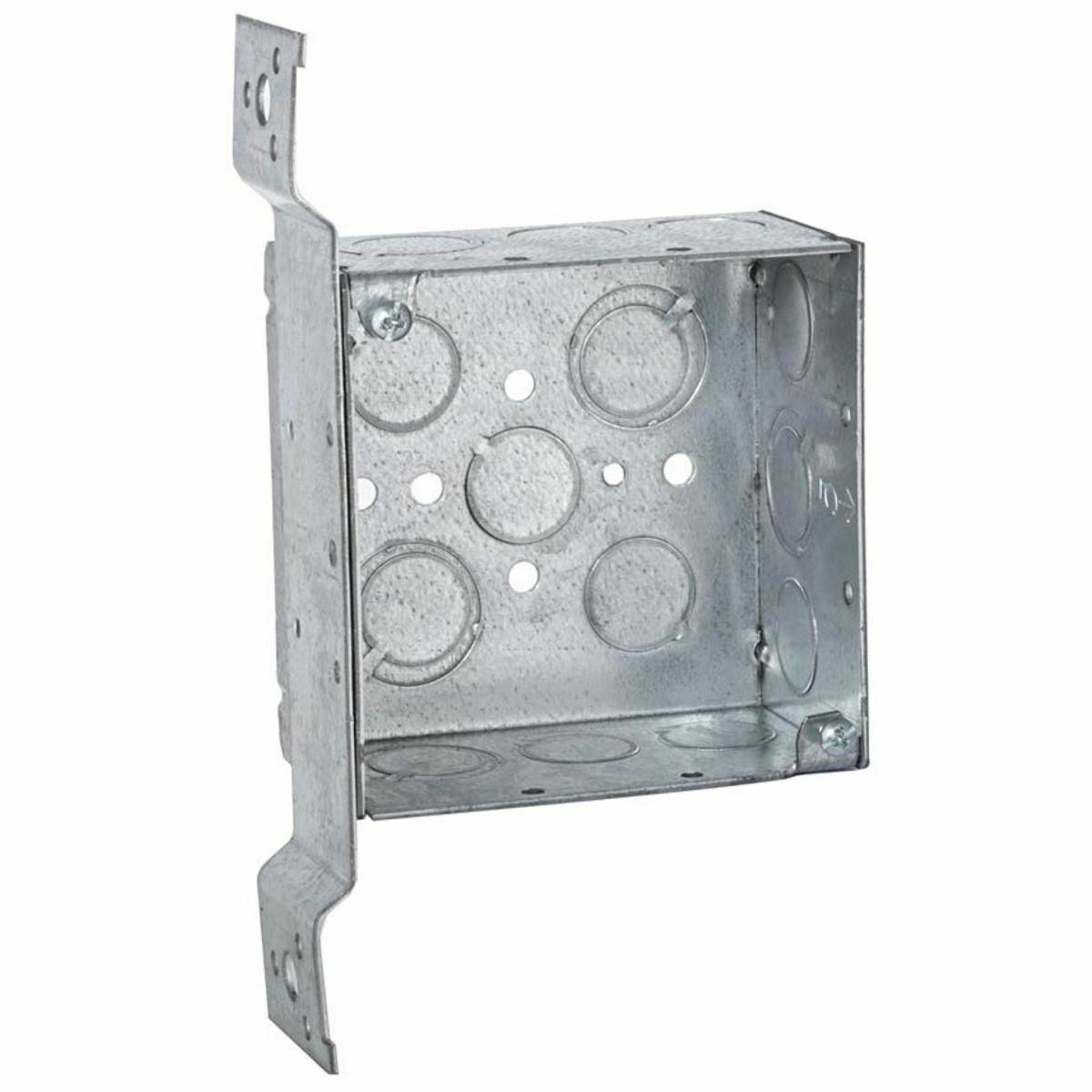 4 In. Sq. Brkt. Box, 2-1/8 In. Deep - Welded with Conduit KO's, 600V,FM,Flush 1/2-3/4 TKO